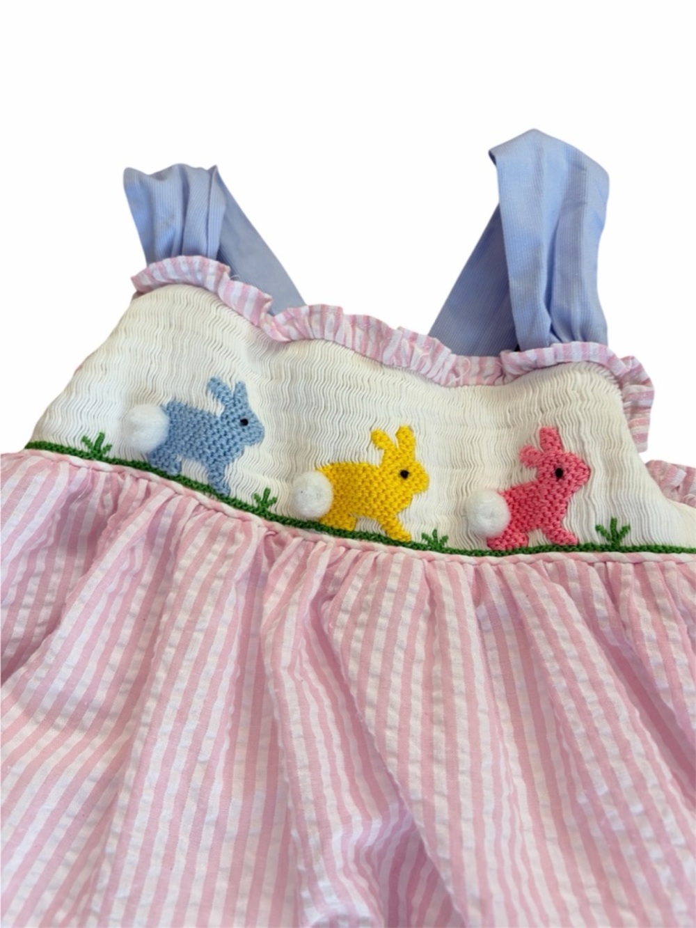 Smockingbird size 6 Smocked Easter Chick Seersucker Dress in Light Pink & Blue - Picture 3 of 3